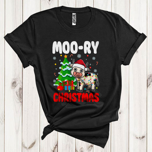 MacnyStore - Moo-ry Christmas Funny Santa Dairy Cow Xmas Lights Tree Farm Animal Lover T-Shirt