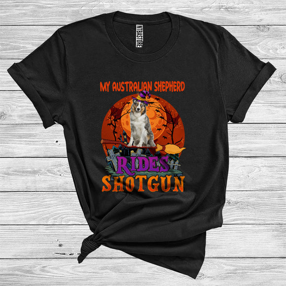 MacnyStore - My Australian Shepherd Rides Shotgun Funny Halloween Costume Witch Broomstick Lover T-Shirt