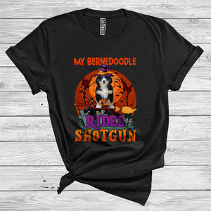 MacnyStore - My Bernedoodle Rides Shotgun Funny Halloween Costume Witch Broomstick Lover T-Shirt