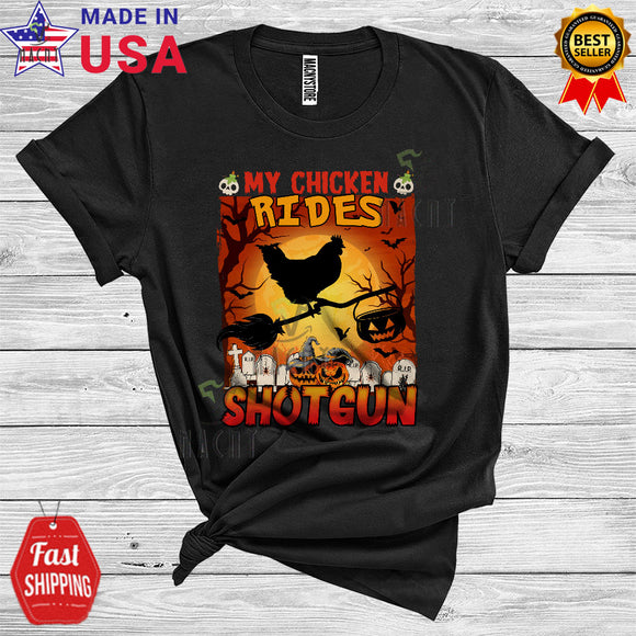 MacnyStore - My Chicken Rides Shotgun Funny Halloween Costume Witch Farm Animal Lover T-Shirt