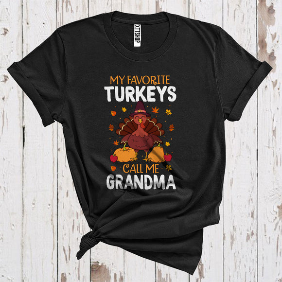 MacnyStore - My Favorite Turkeys Call Me Grandma Funny Thanksgiving Fall Leaves Family Group T-Shirt
