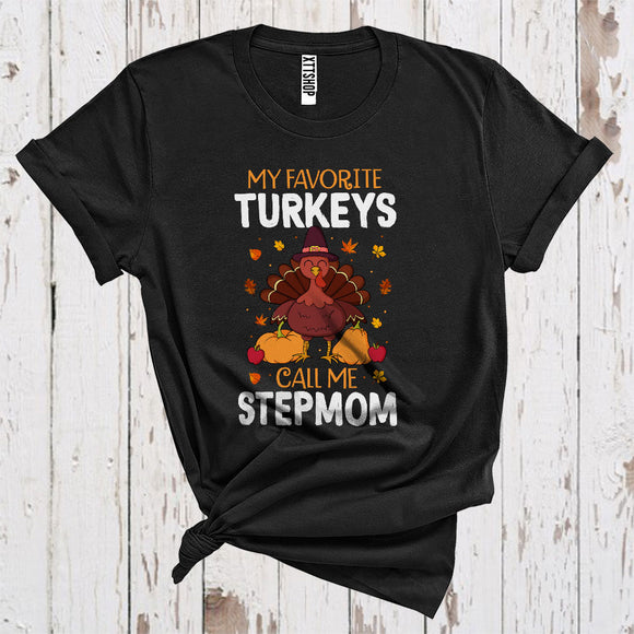 MacnyStore - My Favorite Turkeys Call Me Stepmom Funny Thanksgiving Fall Leaves Family Group T-Shirt