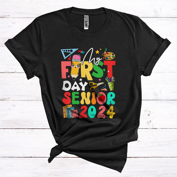 MacnyStore - My First Day Senior 2024 Funny Pencil Back To School Student Teacher Lover T-Shirt