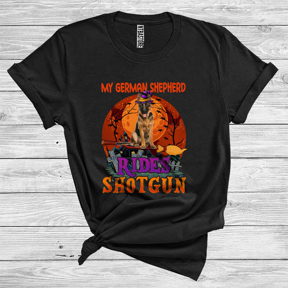 MacnyStore - My German Shepherd Rides Shotgun Funny Halloween Costume Witch Broomstick Lover T-Shirt