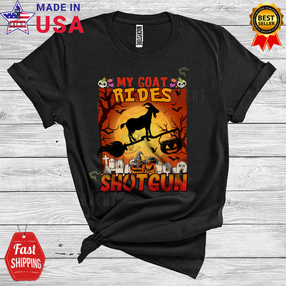 MacnyStore - My Goat Rides Shotgun Funny Halloween Costume Witch Farm Animal Lover T-Shirt