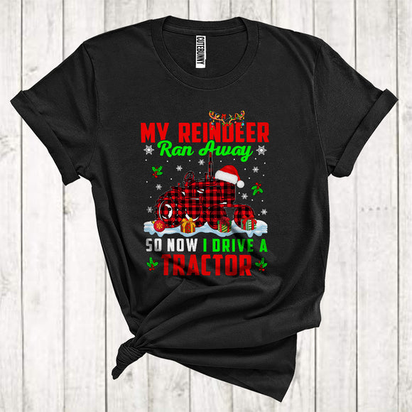 MacnyStore - My Reindeer Ran Away So Now I Drive A Tractor Cute Christmas Snow Red Plaid Santa Truck T-Shirt