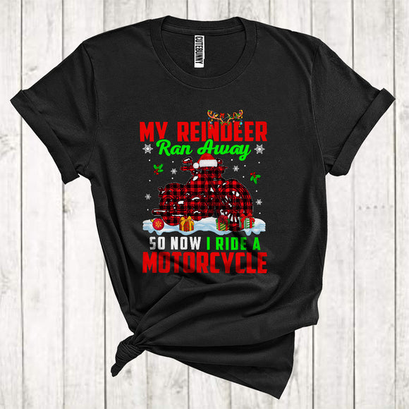 MacnyStore - My Reindeer Ran Away So Now I Ride A Motorcycle Cute Christmas Snow Red Plaid Santa Lover T-Shirt