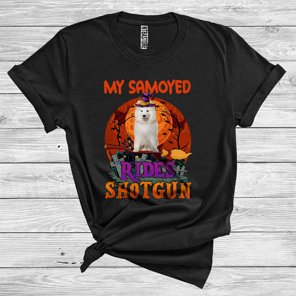 MacnyStore - My Samoyed Rides Shotgun Funny Halloween Costume Witch Broomstick Lover T-Shirt