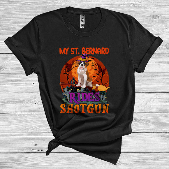 MacnyStore - My St. Bernard Rides Shotgun Funny Halloween Costume Witch Broomstick Lover T-Shirt