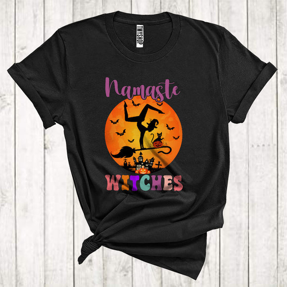 MacnyStore - Namaste Witches With Broomstick Funny Halloween Costume Yoga Lover Scary Moon T-Shirt