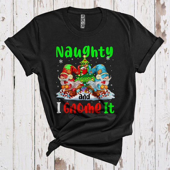 MacnyStore - Naughty And I Gnome It Cute Christmas Tree Gnome Riding Sleigh Snowing Lover T-Shirt
