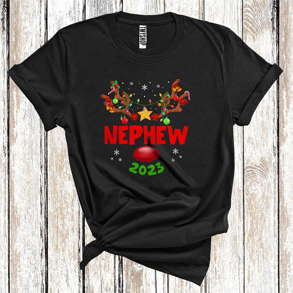 MacnyStore - Nephew Reindeer Face 2023 Xmas Lights Family Group Christmas T-Shirt