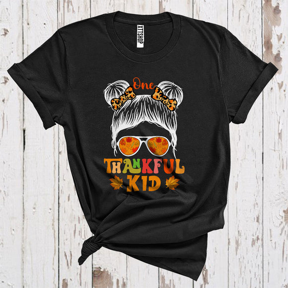 MacnyStore - One Thankful Kid Cute Thanksgiving Double Messy Bun Hair Leopard Bow Tie Sunglasses Girls T-Shirt