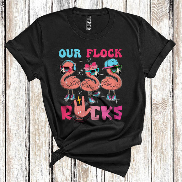 MacnyStore - Our Flock Rocks Cute Three Sunglasses Flamingos Wearing Shoes Musical Team T-Shirt