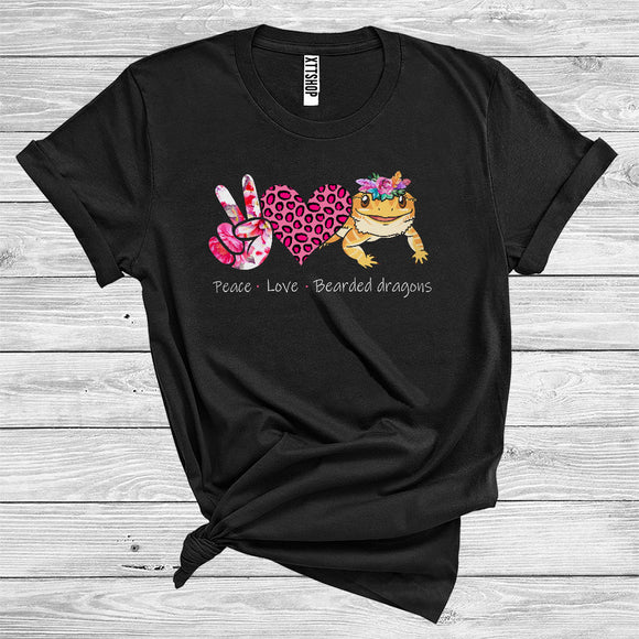 MacnyStore - Peace Love Bearded Dragons Cute Floral Peace Hand Sign Leopard Heart Shape Animal Lover T-Shirt
