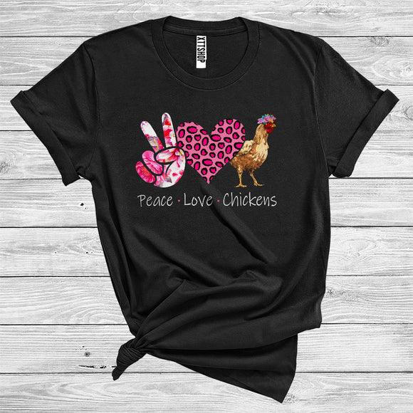 MacnyStore - Peace Love Chickens Cute Floral Peace Hand Sign Leopard Heart Shape Farm Animal Lover T-Shirt