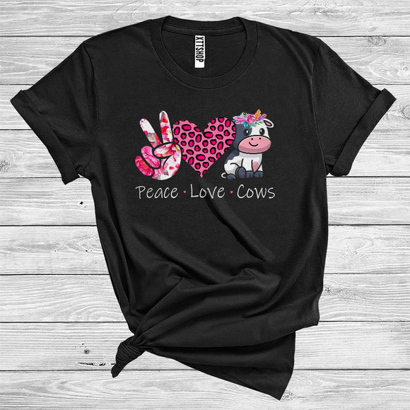 MacnyStore - Peace Love Cows Cute Floral Peace Hand Sign Leopard Heart Shape Farm Animal Lover T-Shirt