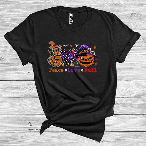 MacnyStore - Peace Love Fall Funny Halloween Costume Hand Sign Witch Pumpkin Leopard Plaid Heart Lover T-Shirt