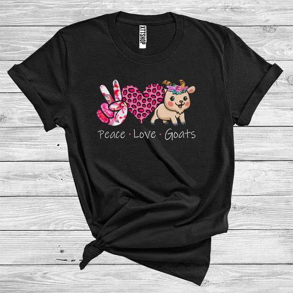 MacnyStore - Peace Love Goats Cute Floral Peace Hand Sign Leopard Heart Shape Farm Animal Lover T-Shirt