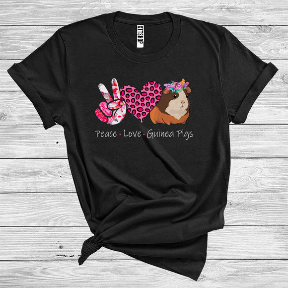MacnyStore - Peace Love Guinea Pigs Cute Floral Peace Hand Sign Leopard Heart Shape Animal Lover T-Shirt
