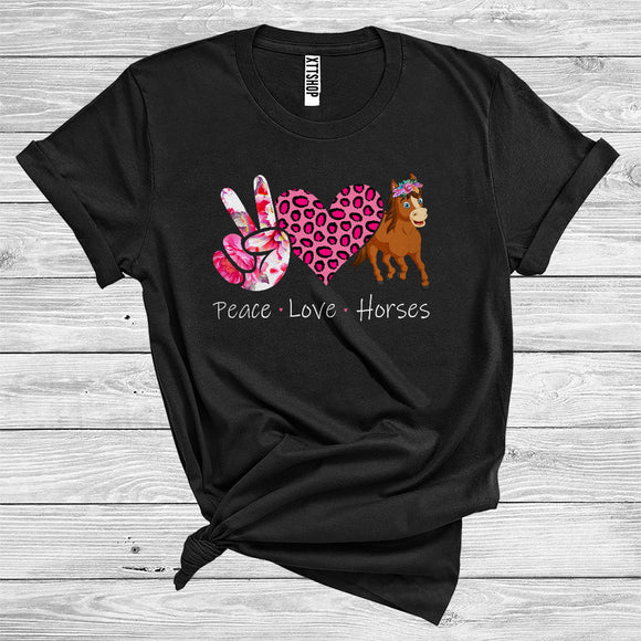 MacnyStore - Peace Love Horses Cute Floral Peace Hand Sign Leopard Heart Shape Farm Animal Lover T-Shirt