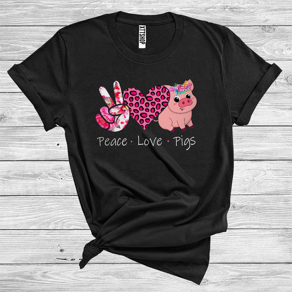 MacnyStore - Peace Love Pigs Cute Floral Peace Hand Sign Leopard Heart Shape Farm Animal Lover T-Shirt