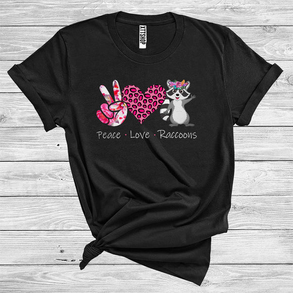 MacnyStore - Peace Love Raccoons Cute Floral Peace Hand Sign Leopard Heart Shape Animal Lover T-Shirt