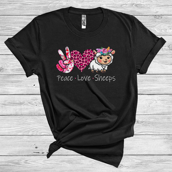 MacnyStore - Peace Love Sheeps Cute Floral Peace Hand Sign Leopard Heart Shape Farm Animal Lover T-Shirt