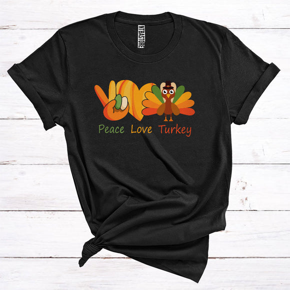 MacnyStore - Peace Love Turkey Pilgrim Cute Heart Hand Sign Thanksgiving Fall Autumn Lover T-Shirt