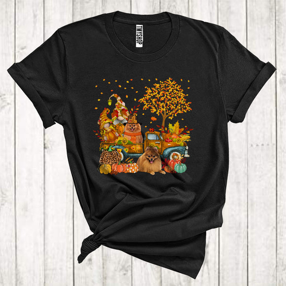 MacnyStore - Pilgrim Pomeranian On Pickup Truck Cute Thanksgiving Fall Tree Pumpkins Lover T-Shirt