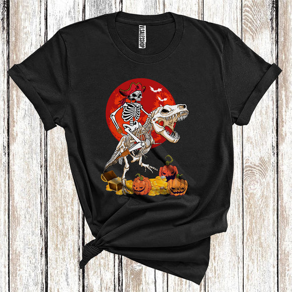 MacnyStore - Pirate Skeleton Riding T-Rex Dinosaur Skeleton Carved Pumpkin Funny Halloween T-Shirt