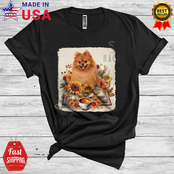 MacnyStore - Pomeranian Reading Book And Coffee Cute Floral Book Lover Animal Owner T-Shirt