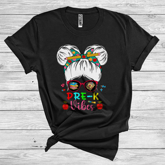 MacnyStore - Pre K Vibes Back To School Cute Messy Space Bun Hair Sunglasses Girl Kids T-Shirt