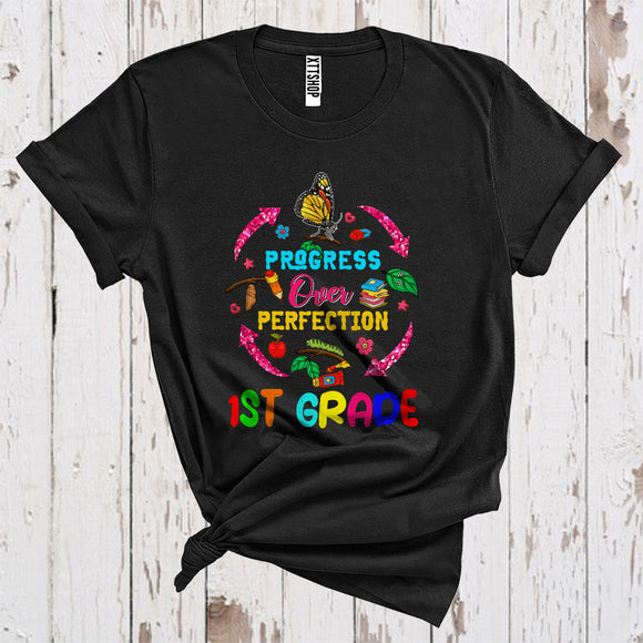 MacnyStore - Progress Over Perfection 1st Grade Caterpillar Life Cycle Back To School Teacher Students T-Shirt