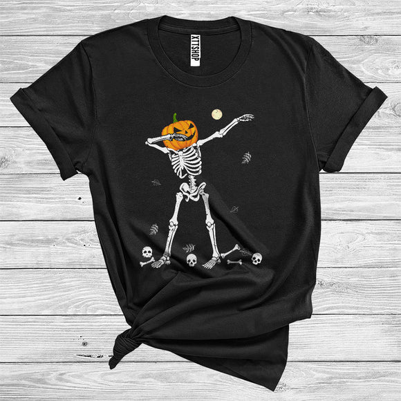 MacnyStore - Pumpkin Skeleton Dabbing Funny Halloween Costume Carved Pumpkin Skeleton Skull Lover T-Shirt