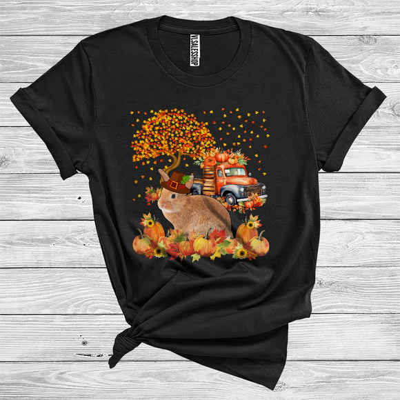 MacnyStore - Rabbit Pilgrim Cute Thanksgiving Fall Tree Leaves Pumpkins On Pickup Truck Wild Animal Lover T-Shirt