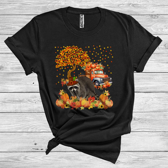 MacnyStore - Raccoon Pilgrim Cute Thanksgiving Fall Tree Leaves Pumpkins On Pickup Truck Wild Animal Lover T-Shirt