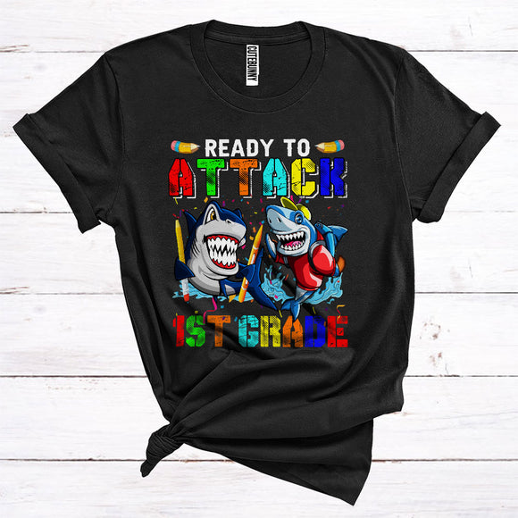 MacnyStore - Ready To Attack 1st Grade Funny Back To School First Day Of School Boys Kids Shark Lover T-Shirt
