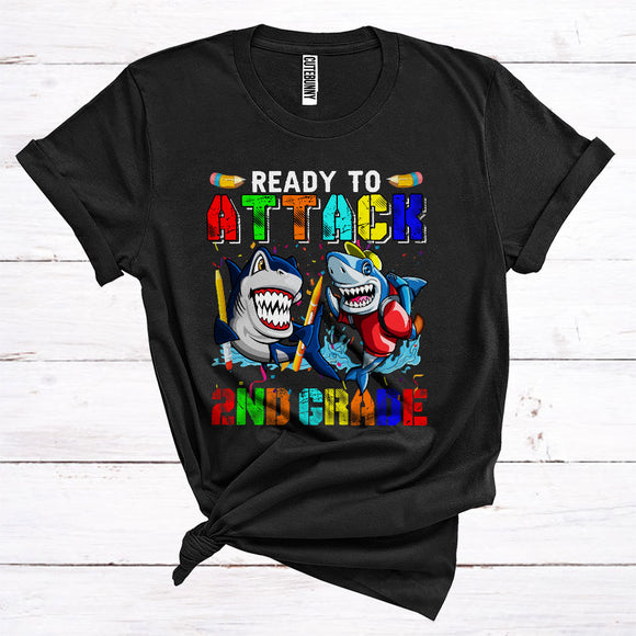 MacnyStore - Ready To Attack 2nd Grade Funny Back To School First Day Of School Boys Kids Shark Lover T-Shirt