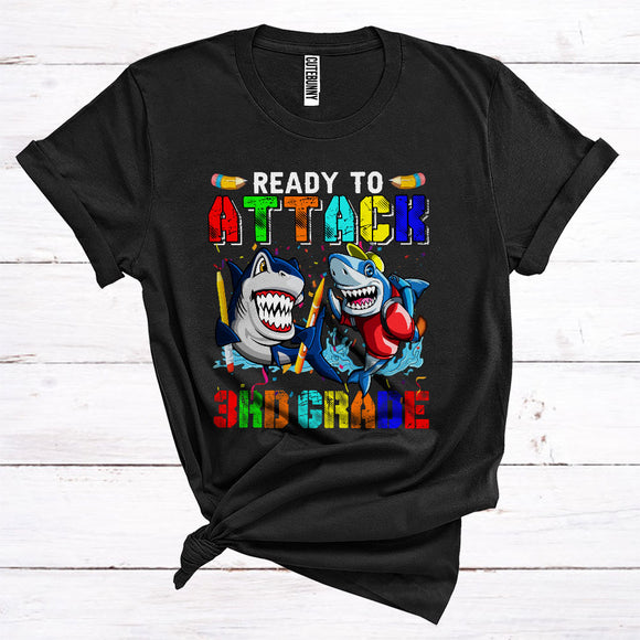 MacnyStore - Ready To Attack 3rd Grade Funny Back To School First Day Of School Boys Kids Shark Lover T-Shirt