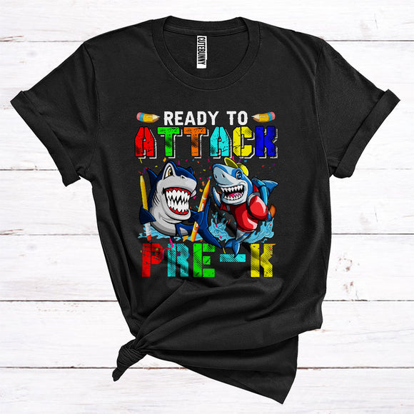 MacnyStore - Ready To Attack Pre K Funny Back To School First Day Of School Boys Kids Shark Lover T-Shirt