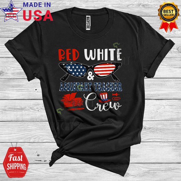 MacnyStore - Red White And Assistant Teacher Crew Funny Assistant Teacher Team 4th Of July Careers Jobs Group T-Shirt