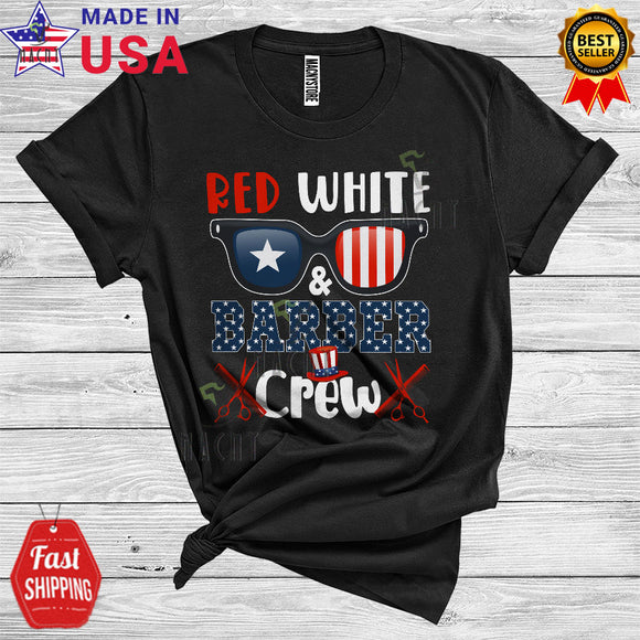 MacnyStore - Red White And Barber Crew Funny Barber Team 4th Of July Careers Jobs Group T-Shirt