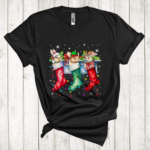 MacnyStore - Reindeer Elf Santa Bunny In Christmas Stocking Cool Xmas Lights Rabbit Lover T-Shirt