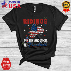 MacnyStore - Ridings Fireworks And Freedom Patriotic 4th Of July Proud American Flag Motorbike Lover T-Shirt