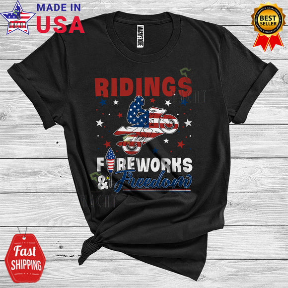 MacnyStore - Ridings Fireworks And Freedom Patriotic 4th Of July Proud American Flag Motorbike Lover T-Shirt