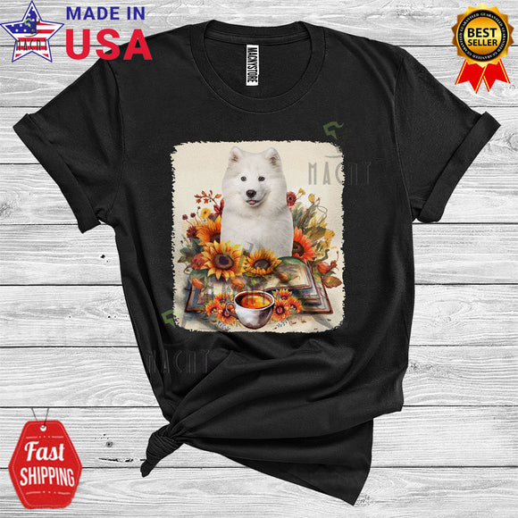 MacnyStore - Samoyed Reading Book And Coffee Cute Floral Book Lover Animal Owner T-Shirt