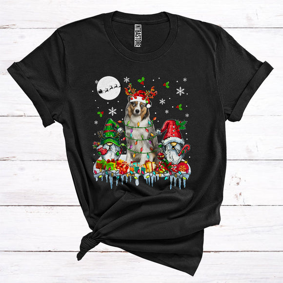MacnyStore - Santa Reindeer Australian Shepherd With Gnomes Cute Christmas Lights Animal Owner T-Shirt