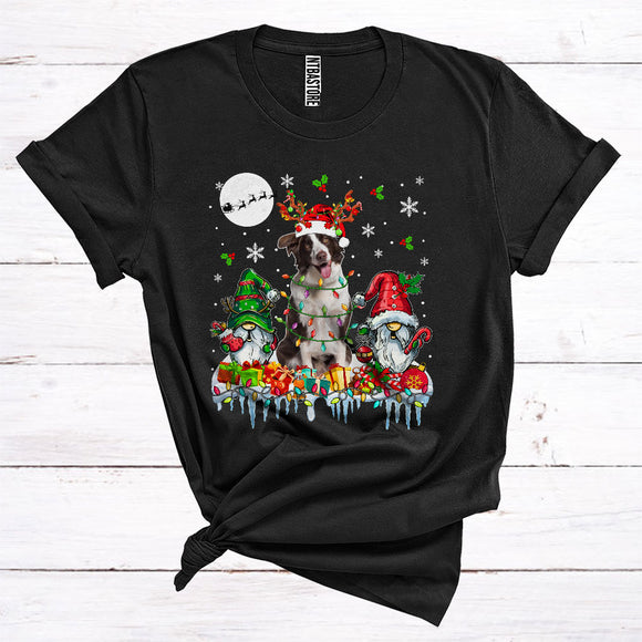 MacnyStore - Santa Reindeer Border Collie With Gnomes Cute Christmas Lights Animal Owner T-Shirt