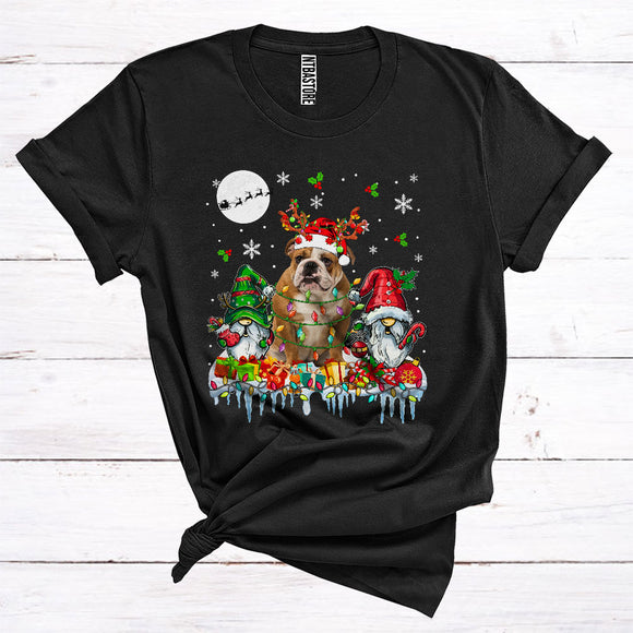 MacnyStore - Santa Reindeer Bulldog With Gnomes Cute Christmas Lights Animal Owner T-Shirt